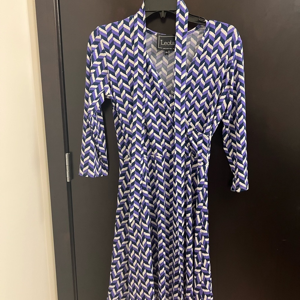 Leota Purple and White 3/4 Sleeve Faux Wrap Dress- PM